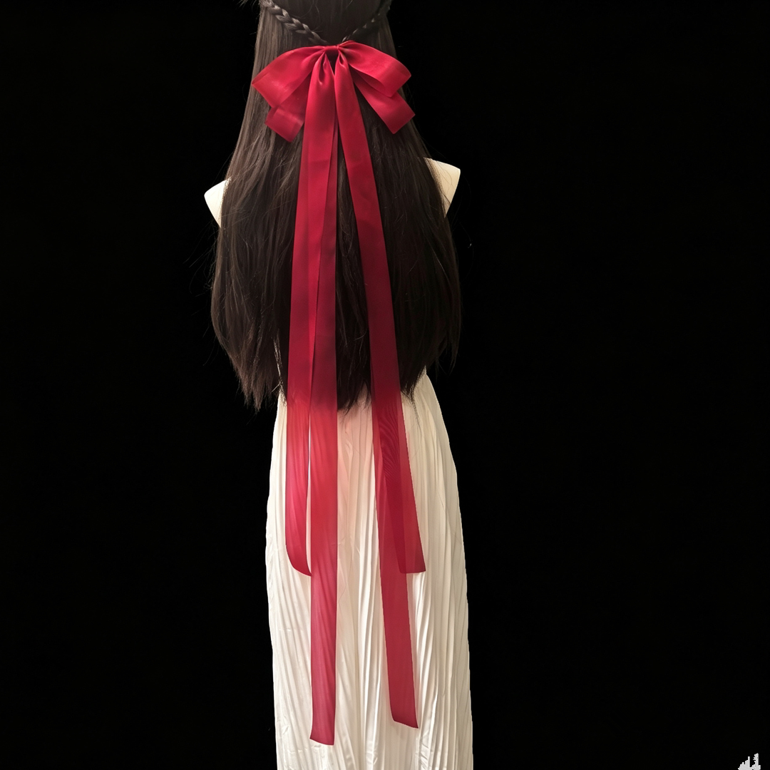 薄纱古风红色蝴蝶结长飘带发夹丝带弹簧夹后脑勺头饰发饰少女感