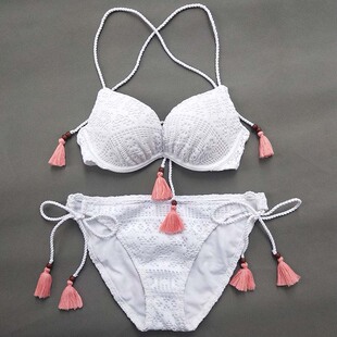 三点式 白色比基尼三角聚拢显胸大性感分体游泳衣女小胸平胸bikini