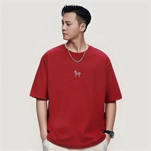 2026马年夏季新款短袖t恤男士重磅纯棉260克国潮简约休闲个性体恤