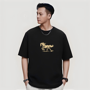 2026夏季新款国潮风黑色短袖T恤男马年印花宽松重磅纯棉百搭上衣