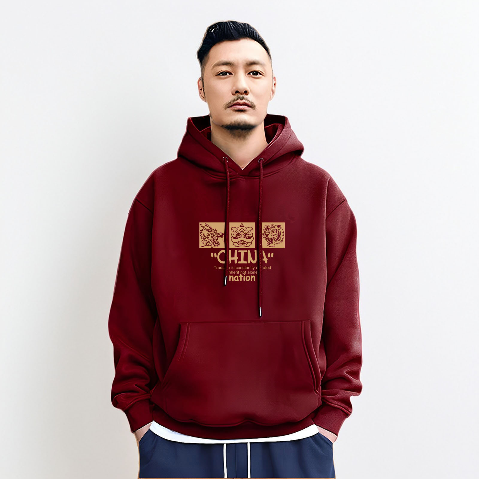 香港潮牌余文乐连帽卫衣男秋冬新款酒红色重磅纯棉加绒高级感外套