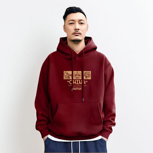 香港潮牌余文乐连帽卫衣男秋冬新款酒红色重磅纯棉加绒高级感外套