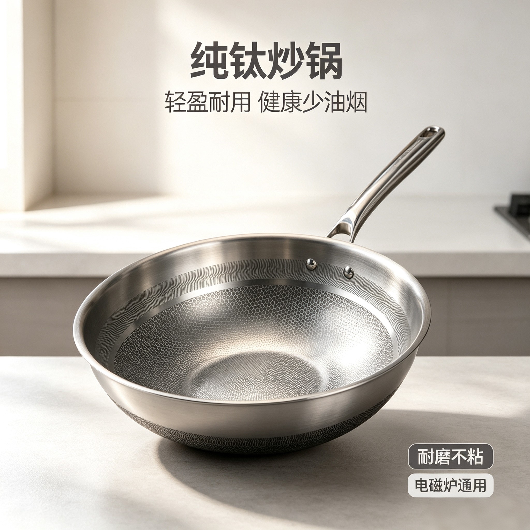 德国钛盾纯钛蜂窝炒锅无涂层不粘锅带蒸格燃气电磁炉通用炒菜锅