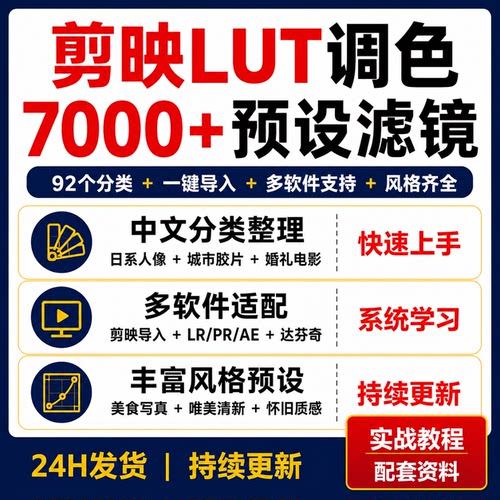剪映LUT调色预设滤镜7000+中文分类LR PR AE达芬奇视频调色素材