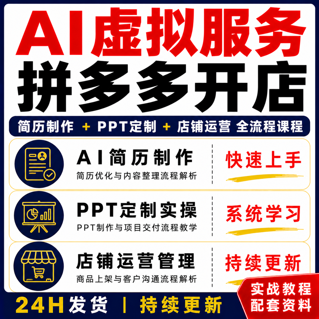AI虚拟服务拼多多开店简历制作PPT定制店铺运营全流程教程