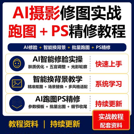 AI摄影修图实战教程 AI跑图PS精修人像修脸换背景工作流课程资料