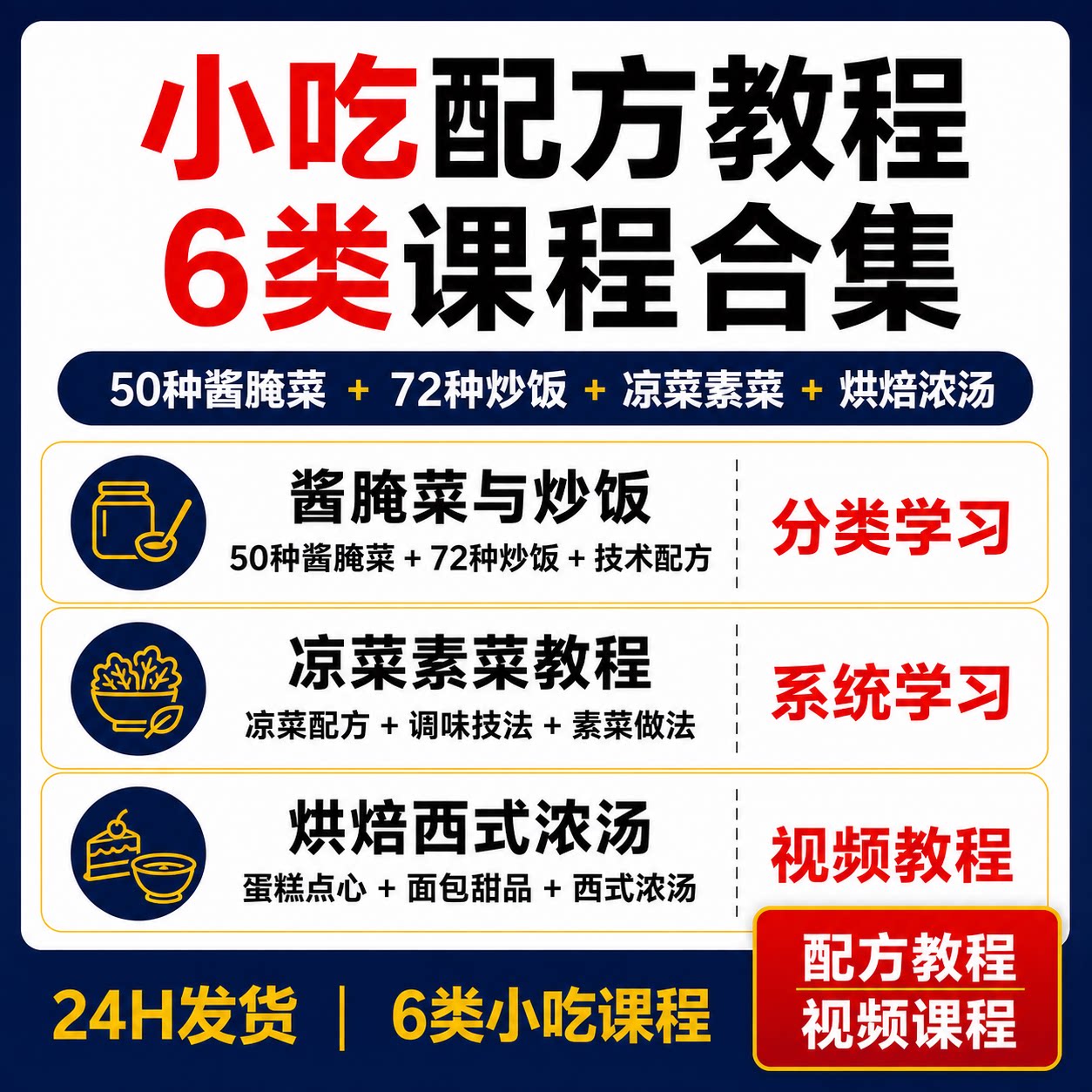 小吃配方教程6类合集50种酱腌菜72种炒饭凉菜素菜烘焙西式浓汤