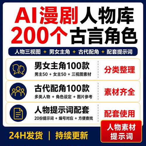 AI漫剧人物素材200个古代言情角色三视图男女主角配角提示词资料