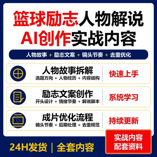 篮球励志人物解说AI创作实战 文案镜头剪辑去重全套资料