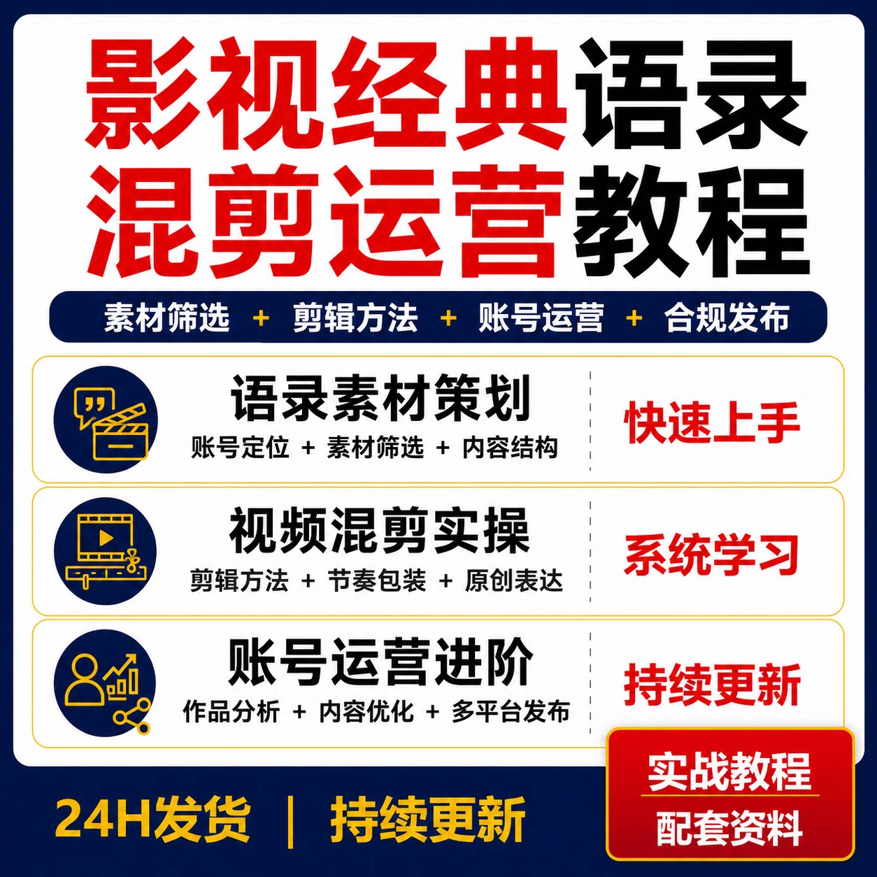 影视经典语录视频混剪教程素材筛选剪辑实操账号运营多平台发布课