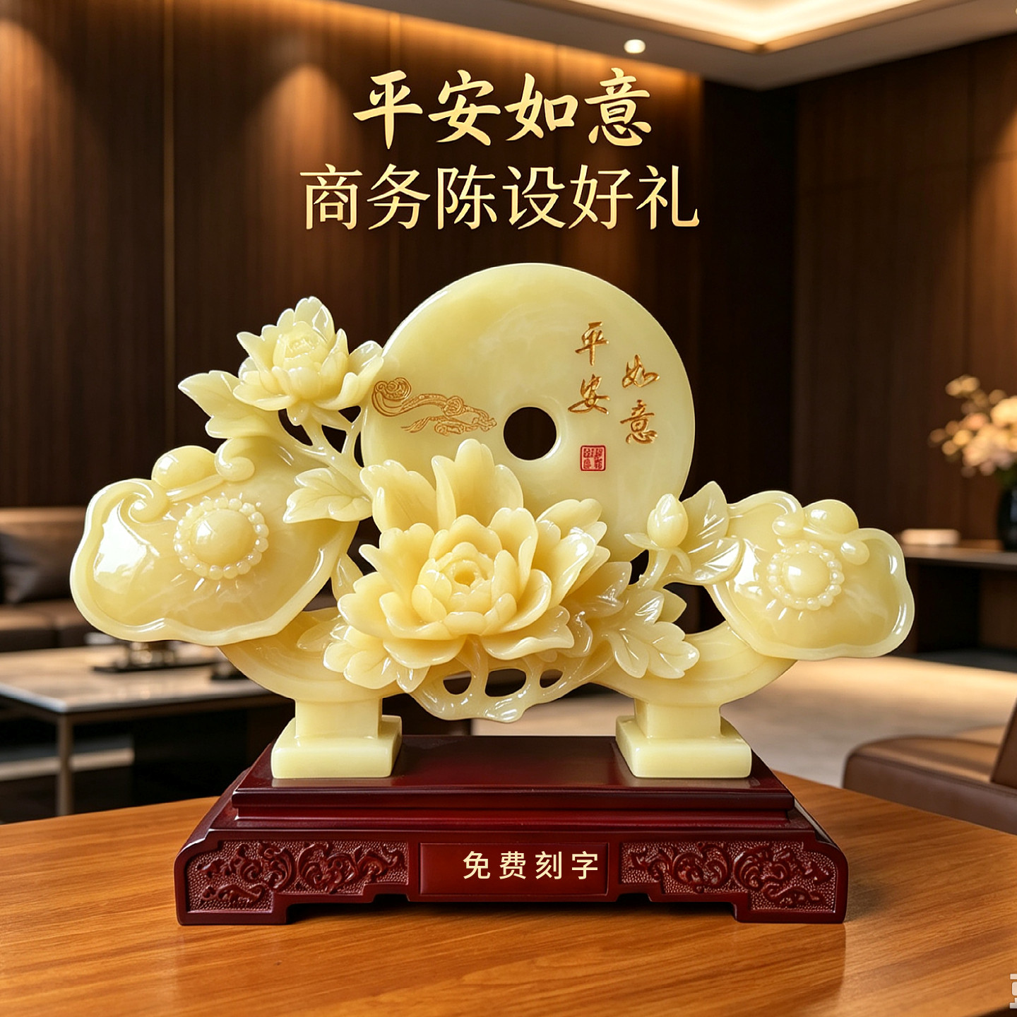新中式平安如意玉雕摆件乔迁送礼