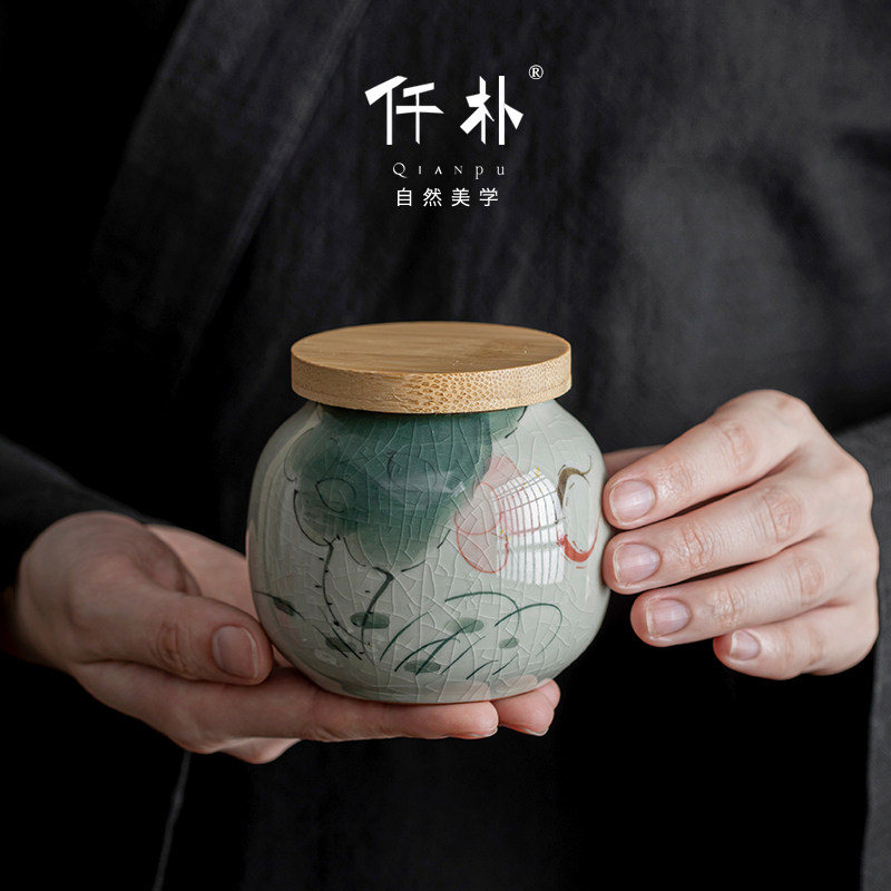 哥窑冰片釉纯手绘荷花小号茶叶罐陶瓷密封罐存储茶罐便携旅行茶仓