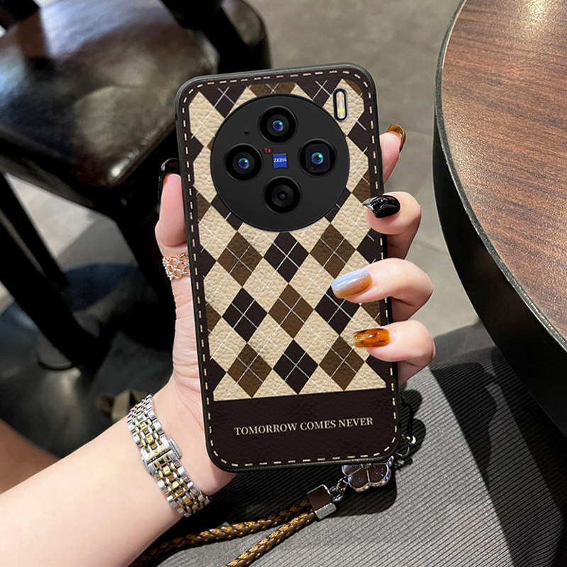 适用vivox300手机壳新款皮质x200pro保护套全包防摔vivo的新品外壳ⅹ100高级感外壳网红女款格子纹por欧美风