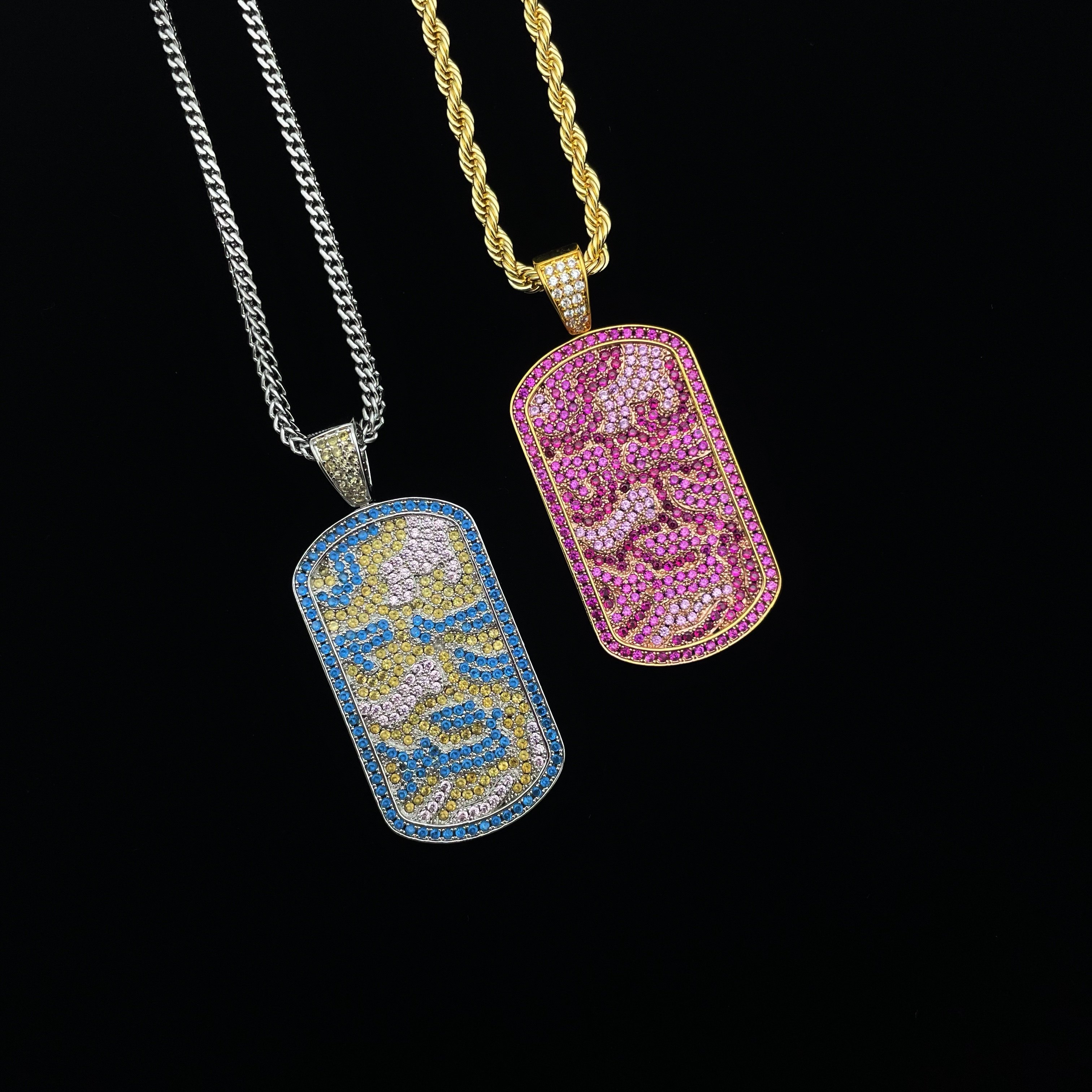 现货Goldenasty镶钻迷彩狗牌吊坠说唱项链欧美HipHop镀金男女同款