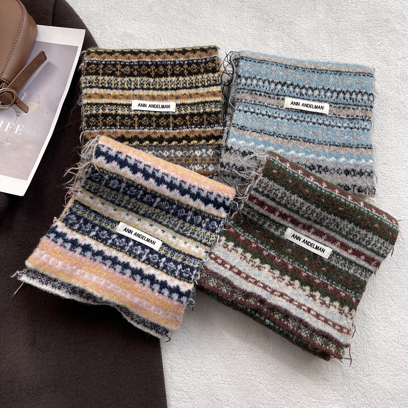 费尔岛仿羊绒条纹针织围巾女冬季复古保暖韩系氛围感学生护颈围脖