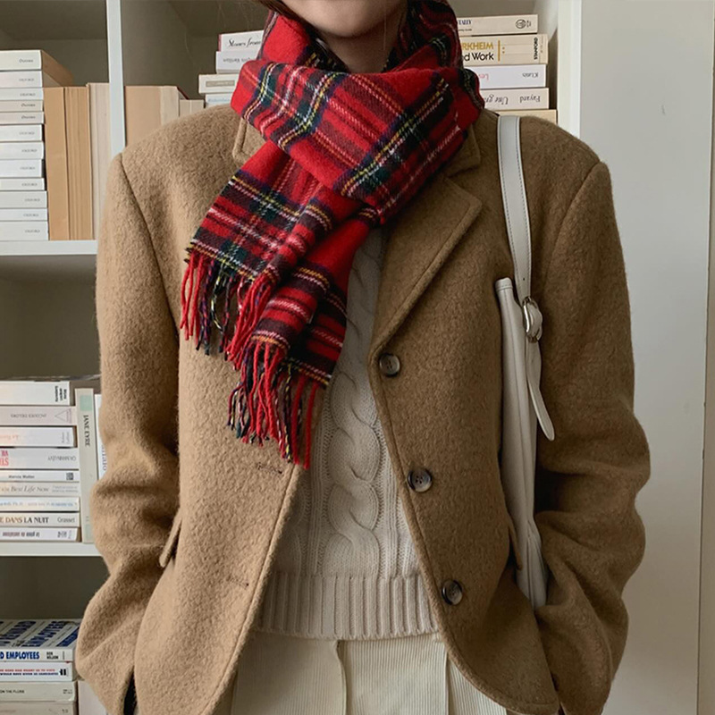 韩国100%羊毛红色格子围巾女秋冬保暖护颈复古格纹流苏围脖披肩