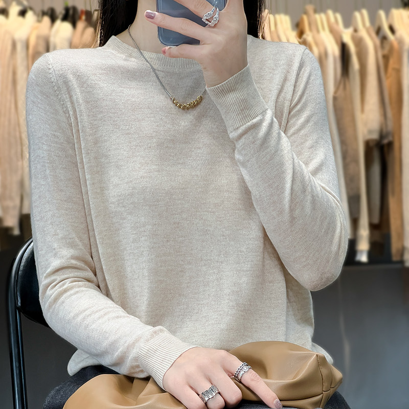 春秋精纺羊绒衫女圆领宽松超薄毛衣微透上衣打底圆领超细羊毛衫