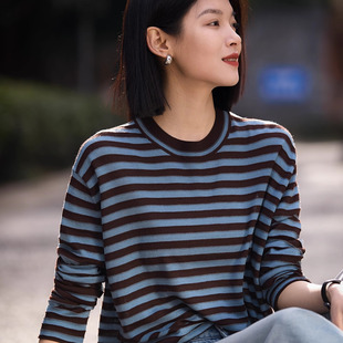 苏醒轻盈感受120S支扬子纱羊毛条纹长袖 上衣25春 针织衫