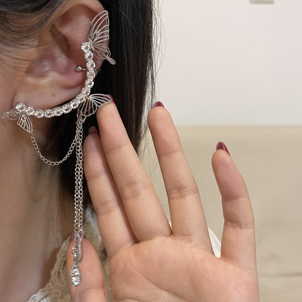 超仙镶钻蝴蝶流苏耳钉耳骨夹一体式耳环新款潮时尚优雅高级耳饰潮