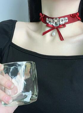 优雅超闪水钻蝴蝶结珍珠布艺项链法式复古甜美淑女气质锁骨链女