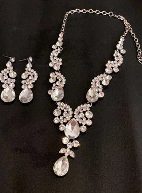 奢华高级超闪水钻水滴流苏项链耳环套装时尚优雅名媛气质礼服配饰