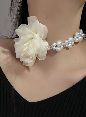 小清新仙女风高级感雪纺花朵珍珠项链甜美度假风优雅锁骨链颈饰女