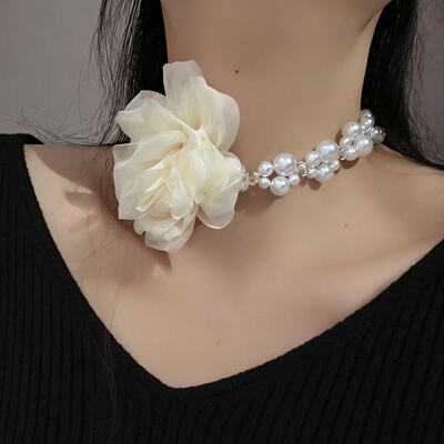 小清新仙女风高级感雪纺花朵珍珠项链甜美度假风优雅锁骨链颈饰女