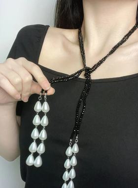 轻奢水晶双层串珠珍珠流苏项链复古时尚潮流高级冷淡风锁骨链新款