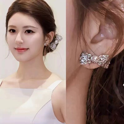 名媛气质闪锆珍珠蝴蝶结发夹耳环轻奢高级感刘海侧边夹发卡头饰女