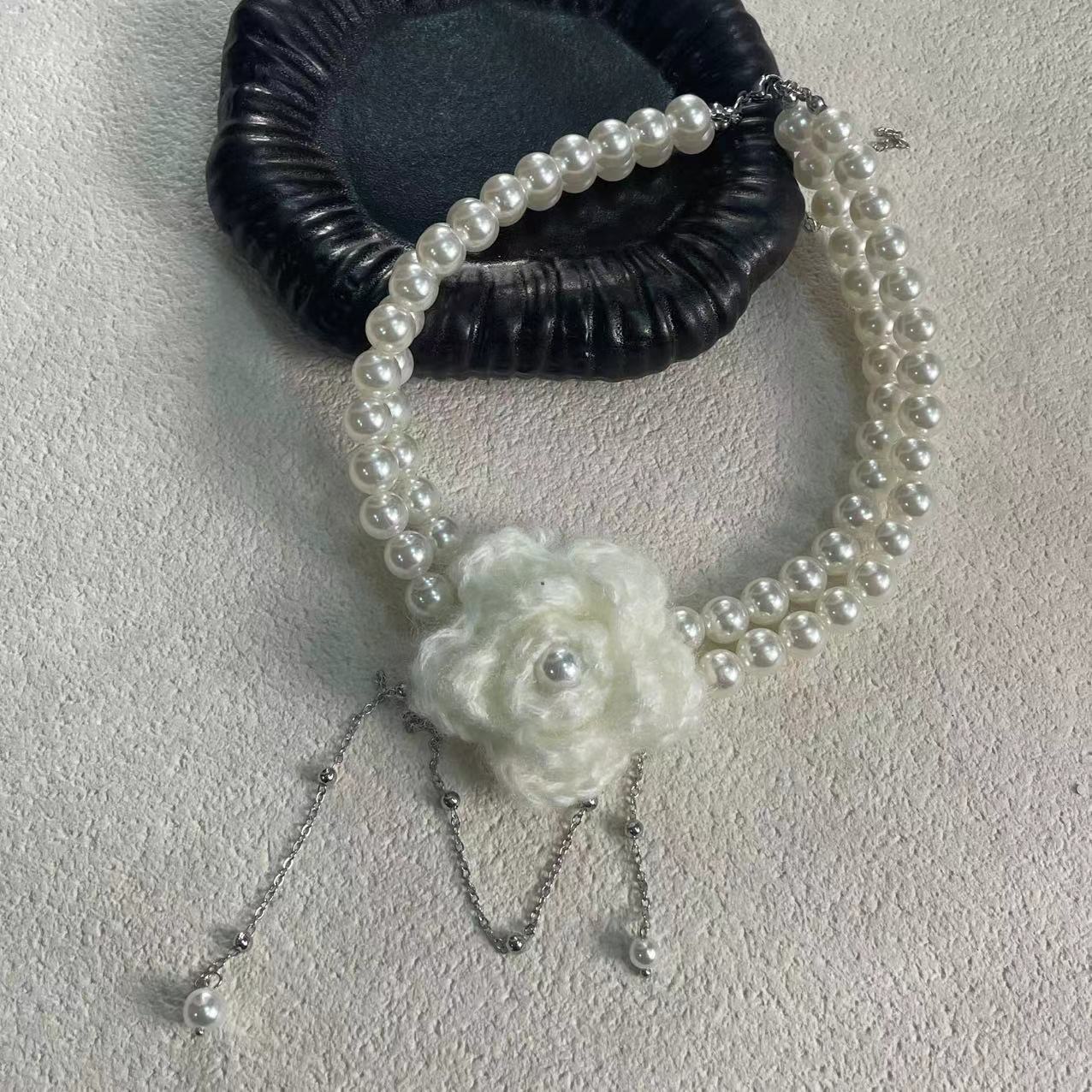 小清新毛线花朵流苏双层珍珠项链法式轻奢时尚淑女ins风锁骨链女