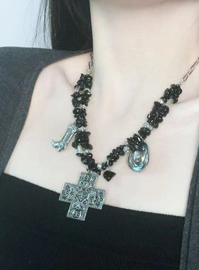 朋克风靴子帽子十字架串珠拼接项链甜酷欧美时尚高级个性锁骨链女