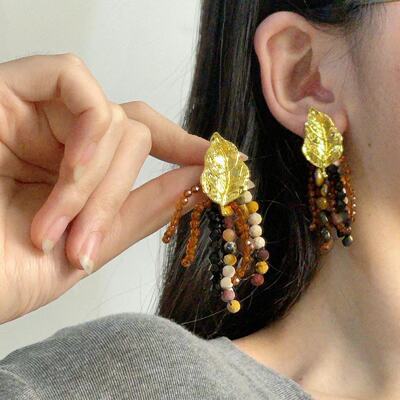 气质优雅金属树叶串珠流苏耳环复古高级感潮流小众设计耳饰女