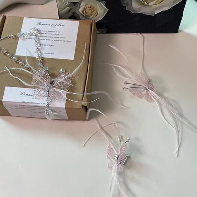 仙女风羽毛蝴蝶吊坠水晶串珠项链耳环奶油甜妹绝美优雅淑女饰品