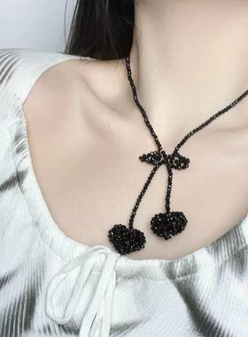 时髦手工水晶串珠蝴蝶结爱心项链个性独特别致轻奢高级感毛衣链女