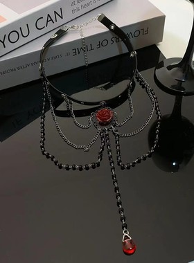 复古潮流红色玫瑰花流苏皮质项圈甜酷轻奢时尚小众设计感锁骨链女