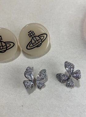 复古甜酷超闪水钻蝴蝶土星耳钉耳环时尚潮流高级感百搭小众耳饰女