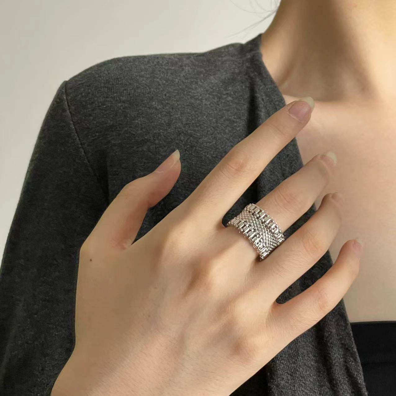 轻奢气质珍珠流苏宽版编织开口戒指时尚简约百搭潮流ins风指环戒