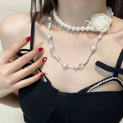 时尚优雅淑女珍珠花朵双层锁骨链甜美小香风少女感高级项链新款潮