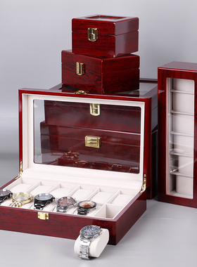檀韵致远烤漆红色亮光手表盒机械表配饰收纳盒腕表展示包装盒木盒