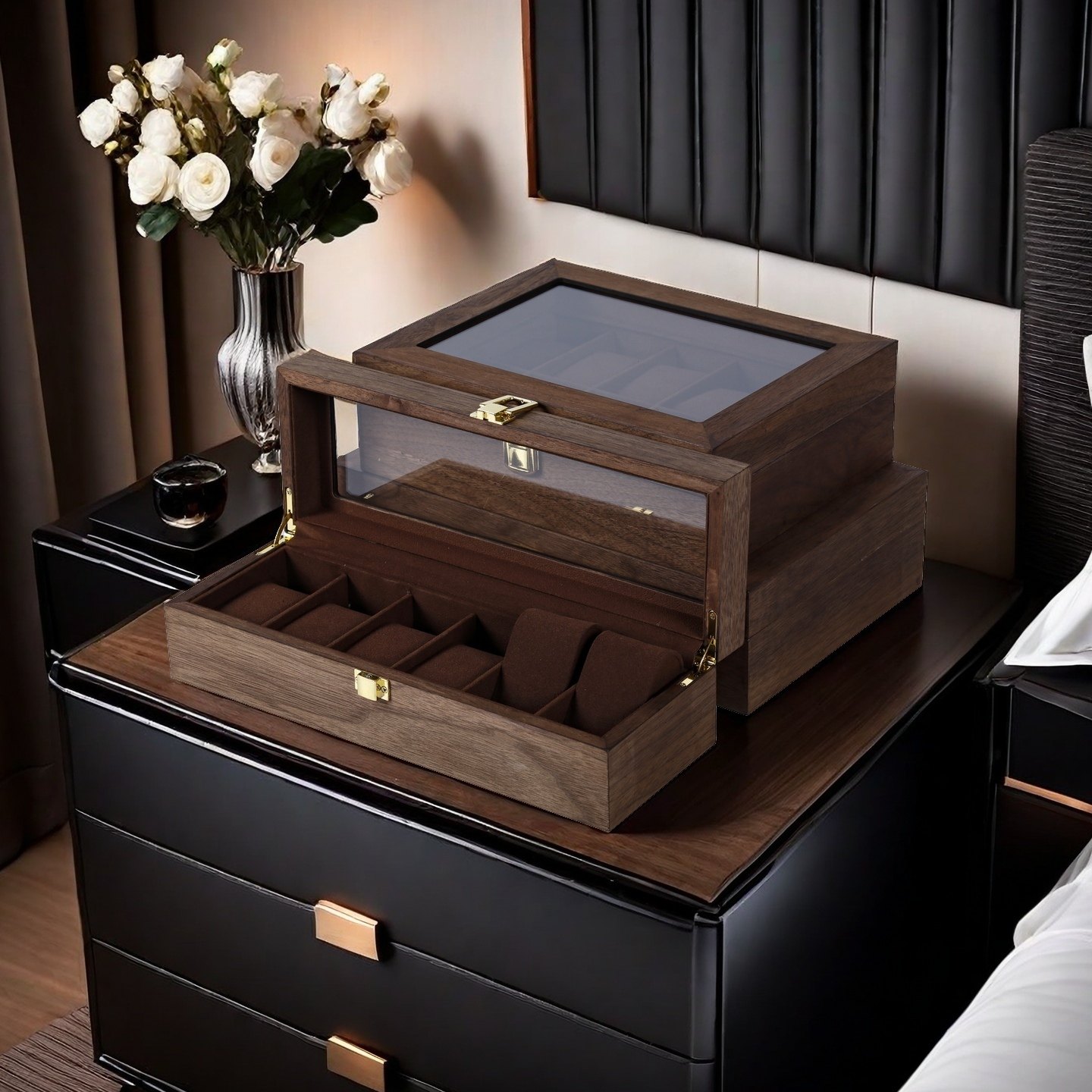 檀韵致远黑胡桃木纹61012位手表盒新品手表配饰收纳展示盒子包邮