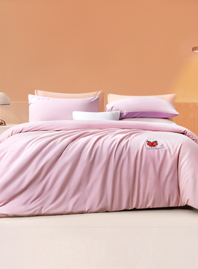 富安娜家纺 纯棉磨毛四件套1.8m床单被套全棉粉红色230x229秋冬款