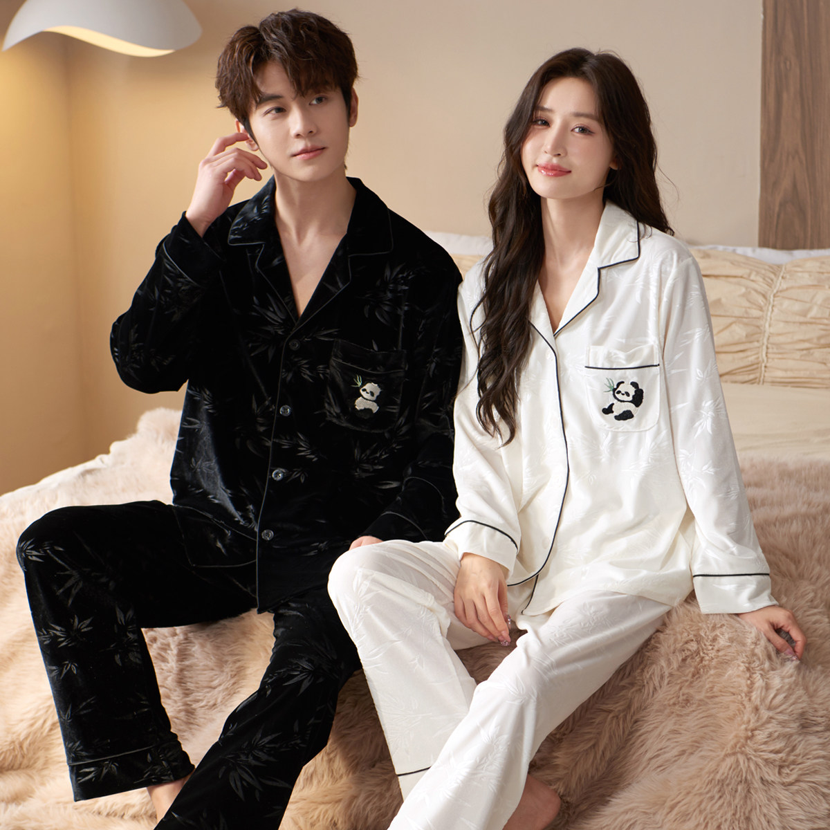 乐姿梦熊猫情侣睡衣金丝绒保暖秋冬季长袖高级感家居服男女士套装,女士内衣/男士内衣/家居服,睡衣/家居服套装,淘宝优惠券,粉丝福利购,淘宝优惠卷