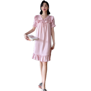 乐姿梦新款睡裙女士夏季性感薄款冰丝甜美荷花边连衣裙家居服睡衣