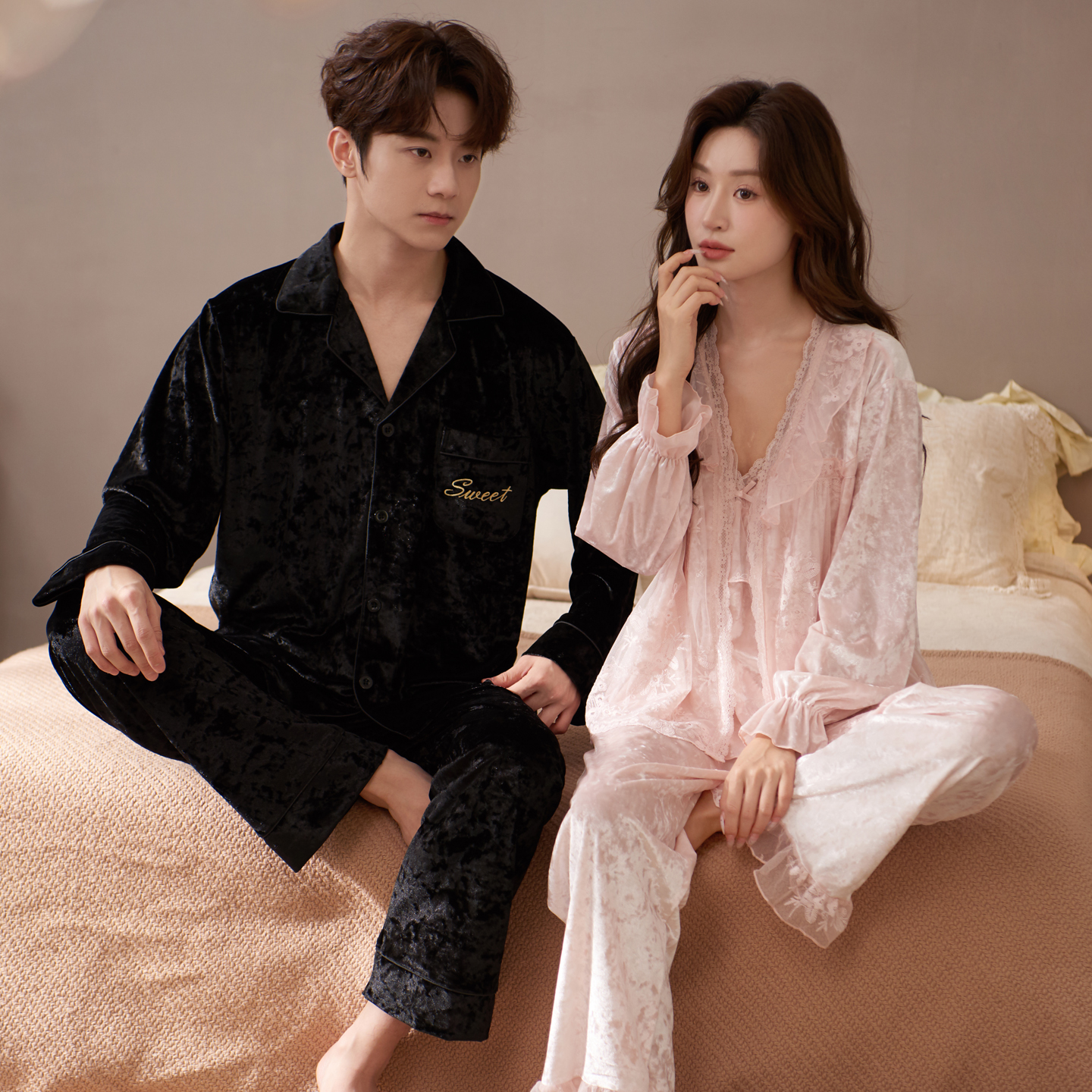 乐姿梦情侣睡衣秋冬款金钻绒女带胸垫吊带可外穿男家居服三件套装