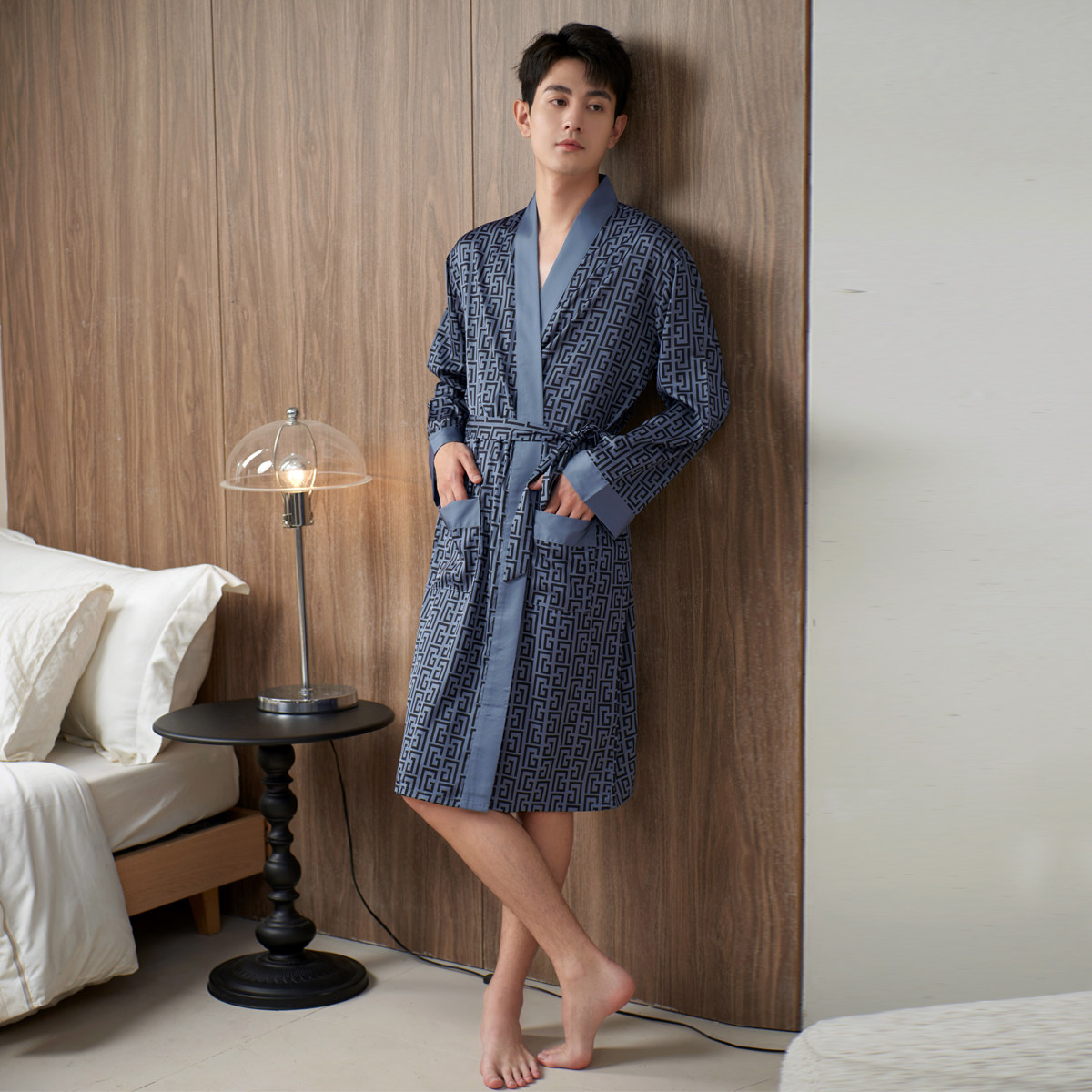 乐姿梦袍衣男士睡袍春秋款睡衣男式浴袍高级感冰丝薄款夏季家居服