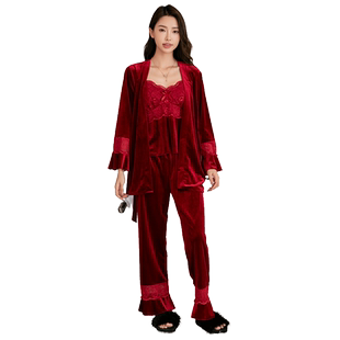 睡衣女春秋季金丝绒性感吊带胸垫三件套新款珊瑚绒保暖冬天家居服