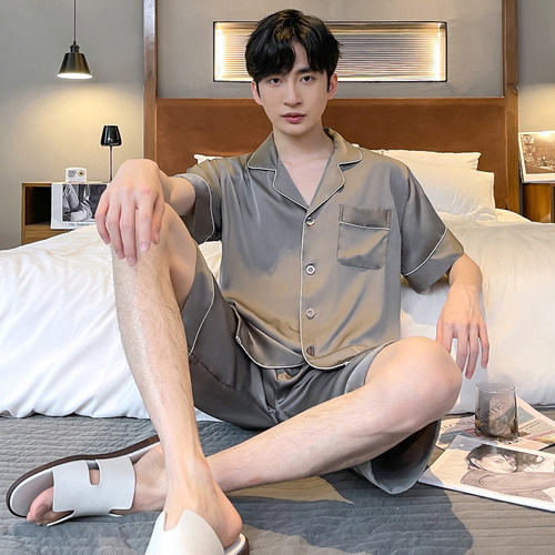 夏季男士冰丝绸睡衣家居服套装