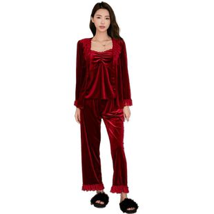 带胸垫睡衣女秋冬金丝绒吊带长裤睡袍三件套性感酒红色家居服套装