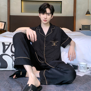 长裤 夏天丝绸家居服夏款 男款 睡衣男士 套装 冰丝短袖 仿真丝薄款 夏季