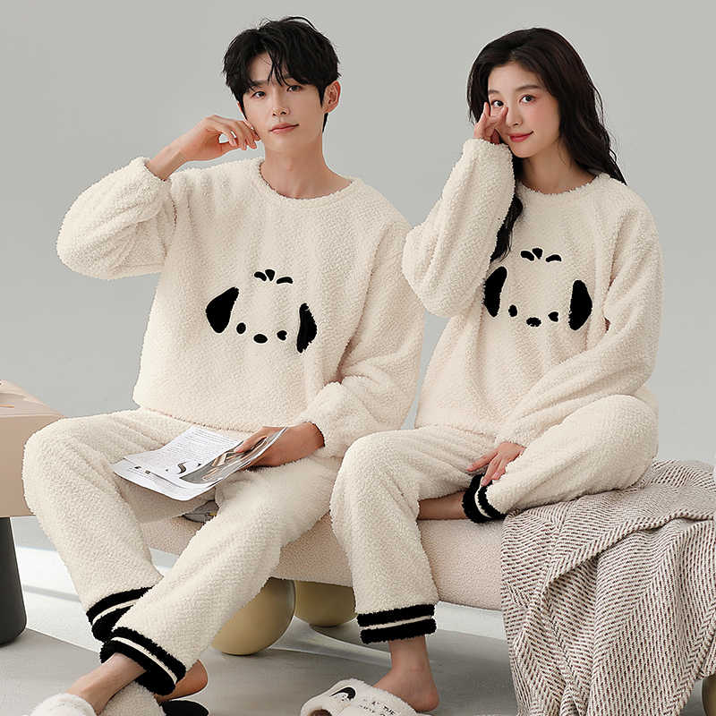 乐姿梦情侣睡衣女秋冬季半边绒加厚长袖男士套装可爱珊瑚绒家居服